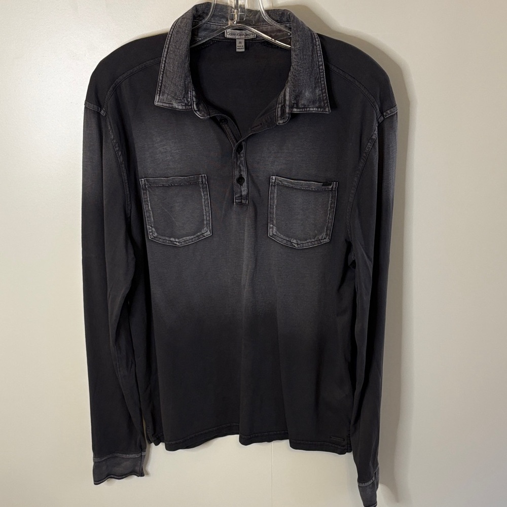 Black Long Sleeve Knit Shirt with Black Denim Collar